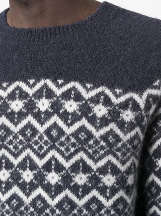 Brunello Cucinelli Fuzzy Knit Jacquard Crew-Neck Sweater in Blue