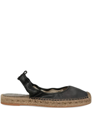 Brunello Cucinelli Black Leather Ruched Slingback Espadrille Flats