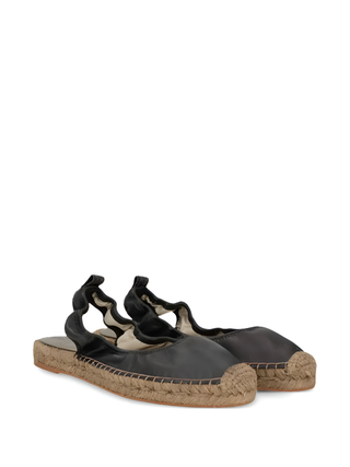 Brunello Cucinelli Black Leather Ruched Slingback Espadrille Flats