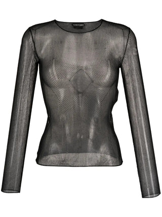 Tom Ford Sheer Ribbed Knit Geometric Pattern Long-Sleeve Top