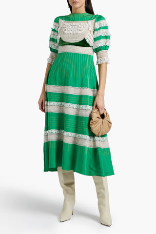 VALENTINO GARAVANI RUFFLED TULLE AND VELVET-PANELED SILK-TWILL MIDI DRESS - Size 40