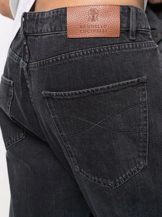 Brunello Cucinelli Washed Dark Grey Tapered Denim Jeans