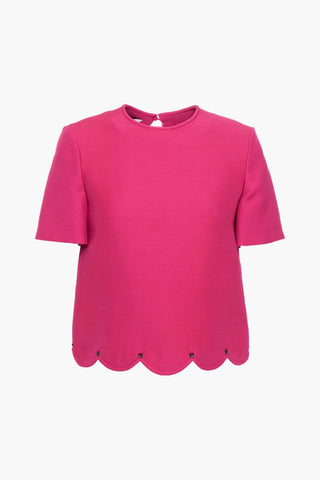 VALENTINO GARAVANI SCALLOPED STUDDED WOOL AND SILK-BLEND CREPE TOP - Size 36