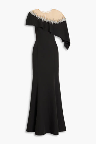 MARCHESA NOTTE EMBELLISHED TULLE-PANELED DRAPED CREPE GOWN - Size 14