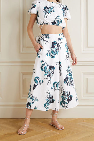 ERDEM ROMI CROPPED FLORAL-PRINT LINEN TOP - Size 6