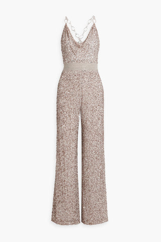 ALICE + OLIVIA CHAIN-TRIMMED EMBELLISHED CREPE JUMPSUIT - Size 12