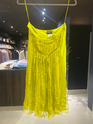 Tom Ford Silk Ruched Pleated Yellow-Green Midi Skirt