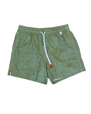 ISAIA Technical Fabric Geometric Print Drawstring Swim Trunks Olive Green