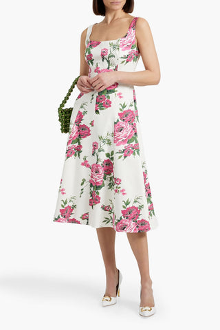 CAROLINA HERRERA FLORAL-PRINT COTTON-BLEND POPLIN MIDI DRESS - Size 14