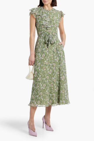 MIKAEL AGHAL RUFFLED FLORAL-PRINT CHIFFON MIDI DRESS - Size 14