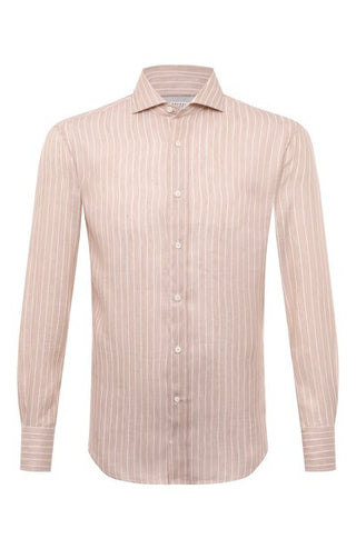Brunello Cucinelli Linen Striped Button-Up Shirt in Beige