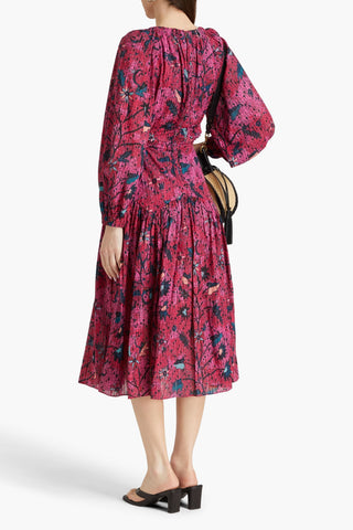 ULLA JOHNSON HELIA RUCHED PRINTED COTTON-BLEND MIDI DRESS - Size 0
