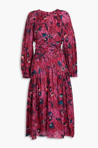 ULLA JOHNSON HELIA RUCHED PRINTED COTTON-BLEND MIDI DRESS - Size 0