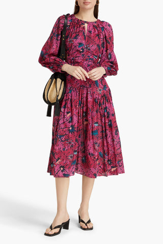 ULLA JOHNSON HELIA RUCHED PRINTED COTTON-BLEND MIDI DRESS - Size 0
