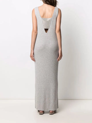 Brunello Cucinelli Ribbed Knit V-Neck Midi Dress with Band Detail