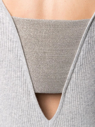 Brunello Cucinelli Ribbed Knit V-Neck Midi Dress with Band Detail