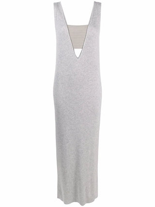 Brunello Cucinelli Ribbed Knit V-Neck Midi Dress with Band Detail
