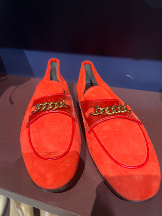 Tom Ford Light Red Suede Loafers with Chain Buckle