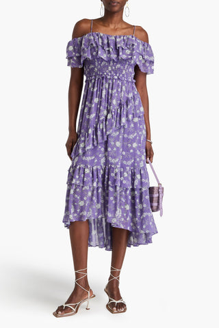 ULLA JOHNSON PENNINAH COLD-SHOULDER RUFFLED FLORAL-PRINT SILK-GEORGETTE MIDI DRESS - Size 6