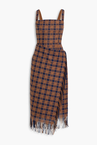 OSCAR DE LA RENTA FRINGED CHECKED GUIPURE LACE MIDI DRESS - Size 4