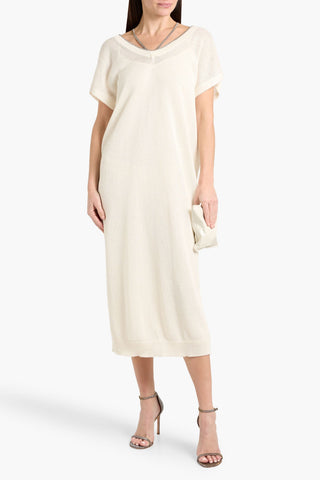 BRUNELLO CUCINELLI EMBELLISHED LINEN AND SILK-BLEND MIDI DRESS - Size XS