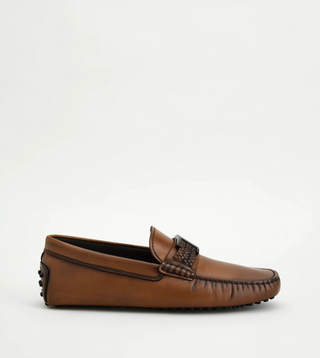 Tods Burnished Leather Woven Buckle Driving Shoes Light Brown