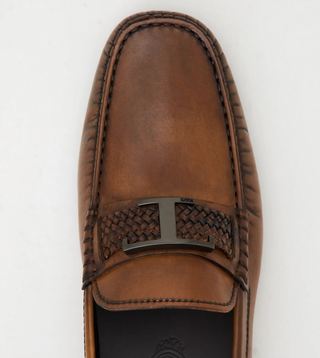 Tods Burnished Leather Woven Buckle Driving Shoes Light Brown