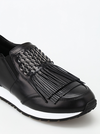 Tods Leather Fringe Metallic Chain Slip-On Sneakers
