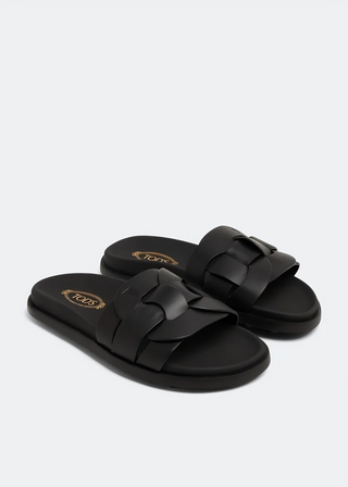 Tods Tod's Interlaced Leather Slide Sandals with Studded Sole Black