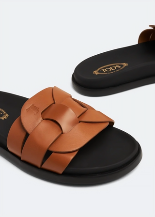 Tods Leather Woven Strap Slide Sandals