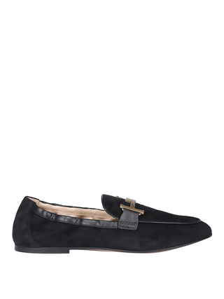 Tods Suede Loafers with Metal T-Bar Hardware Black