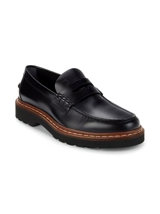 Tods Polished Leather Penny Loafers with Lug Sole