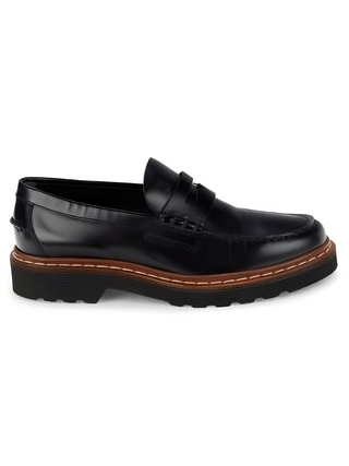 Tods Polished Leather Penny Loafers with Lug Sole