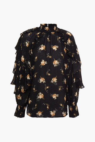 MAJE RUFFLED FLORAL-PRINT FIL COUP WOVEN BLOUSE - Size 2