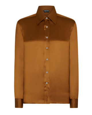 Tom Ford Silk Satin Point-Collar Shirt in Bronze