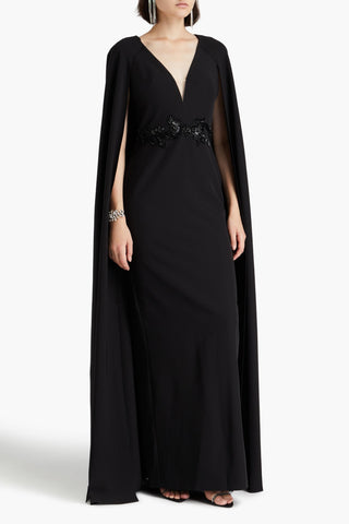 MARCHESA NOTTE CAPE-EFFECT EMBELLISHED CREPE GOWN - Size 10