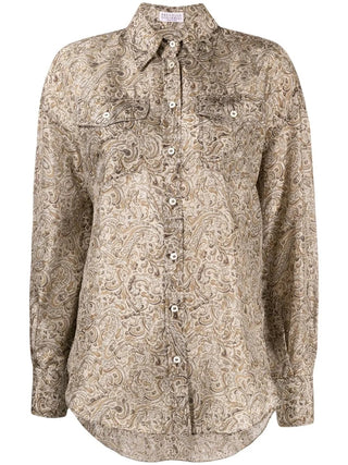 Brunello Cucinelli Silk Paisley Pattern Button-Down Shirt with Bead Embellishment