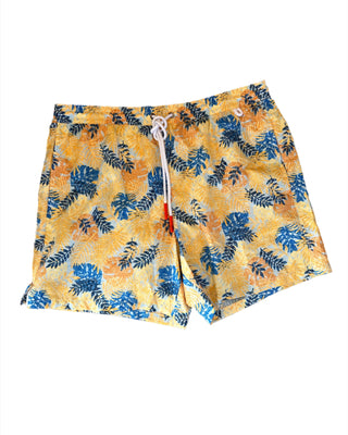 ISAIA Tropical Leaf Print Drawstring Swim Trunks