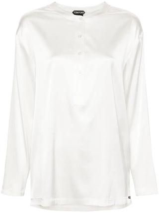 Tom Ford Silk Band-Collar Half-Placket Shirt White
