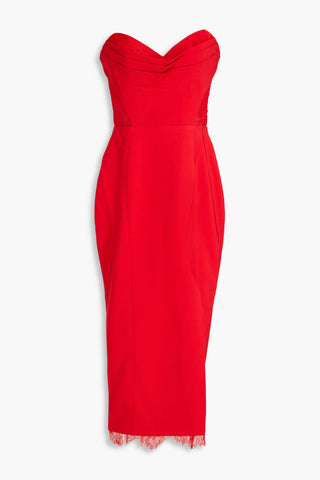 MARCHESA NOTTE STRAPLESS LACE-TRIMMED PLEATED CREPE MIDI DRESS - Size 8