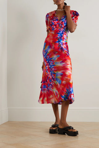 SALONI '+ VENYX LEA TIE-DYED SILK MIDI DRESS - Size 14