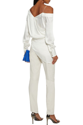 BALMAIN ASYMMETRIC WRAP-EFFECT DRAPED SILK-SATIN PEPLUM TOP - Size 36