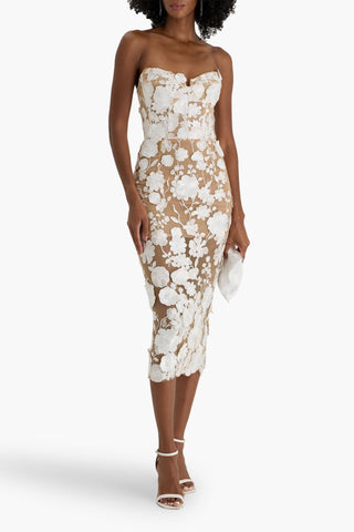 BRONX AND BANCO JASMINE STRAPLESS FLORAL-APPLIQUD TULLE MIDI DRESS - Size 8