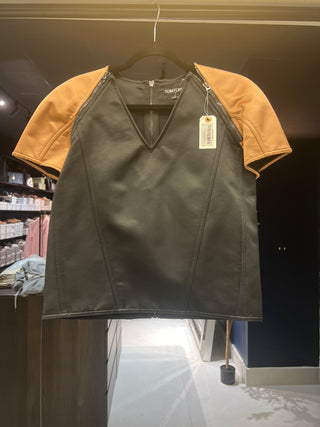 Tom Ford Black Bronze Panelled Leather Zipped Short-Sleeve Top