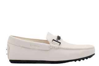 Tods White Grained Leather Gommino Driving Shoes with Black Buckle
