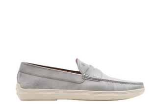 Tods Scuffed Light Blue-Grey Leather Penny Loafers