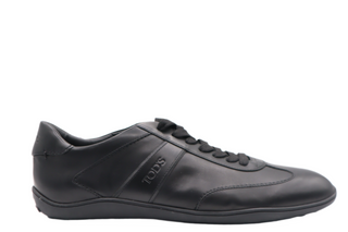 Tods Black Leather Lace-Up Sneakers with Side Stripe