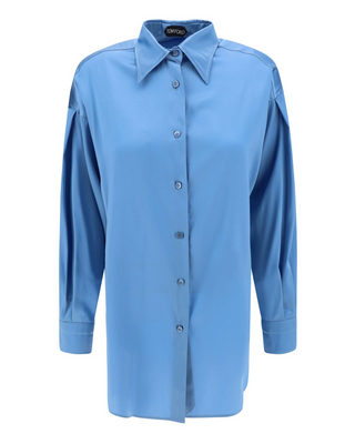 Tom Ford Silk Pleated-Shoulder Long-Sleeve Shirt Blue