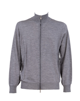 Brunello Cucinelli Merino Wool Full-Zip Stand Collar Grey Cardigan