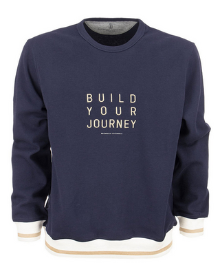 Brunello Cucinelli Cotton Print Crew-Neck Sweatshirt with Layered Hem Navy